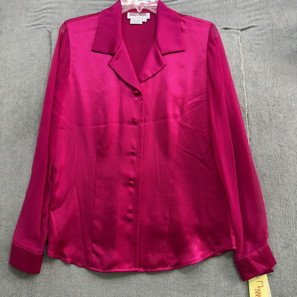 Maggy London Silk Blouse Fuchsia Career Office Minimalist Button Front Top 6